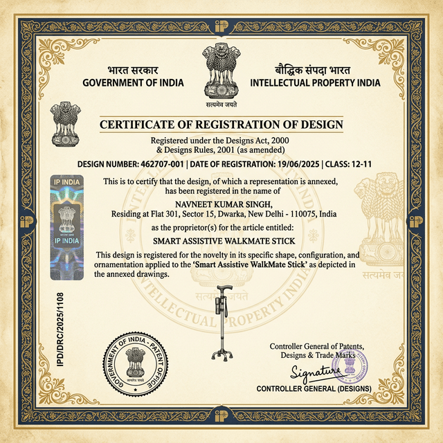 Certificate of Registration of Design — Smart Assistive WalkMate Stick